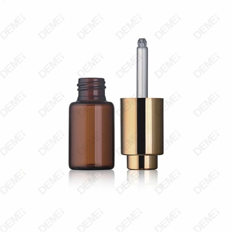 5ml-15ml Wholesale Cosmetic Packaging D23mm Stright Round Clear and Amber Serum Essential Oil Tube Glass Bottle with Gold Aluminum Press Button Dropper Cap