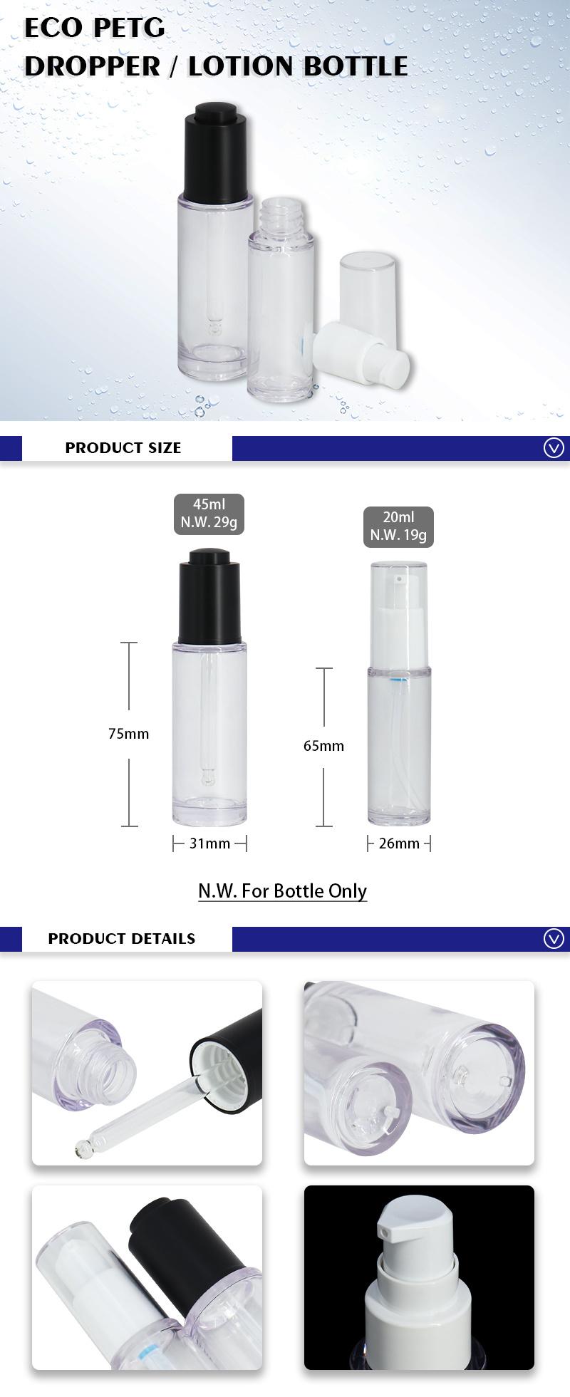 High Quality Eco-Friendly PETG 45ml 20ml Cosmetic Packaging Black Head Dropper Bottle