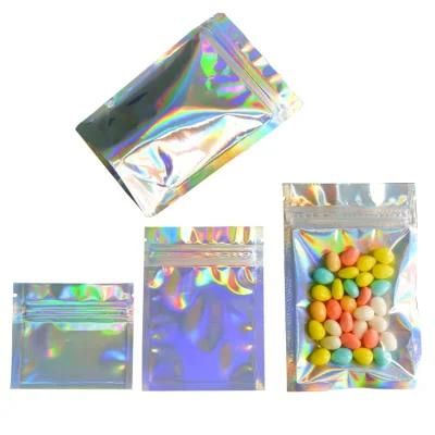 MOQ 100PCS Wholesale Printed Holographic Foil Ziplock Packaging Plastic Mylar Bags for Food with Zipper Free Samples