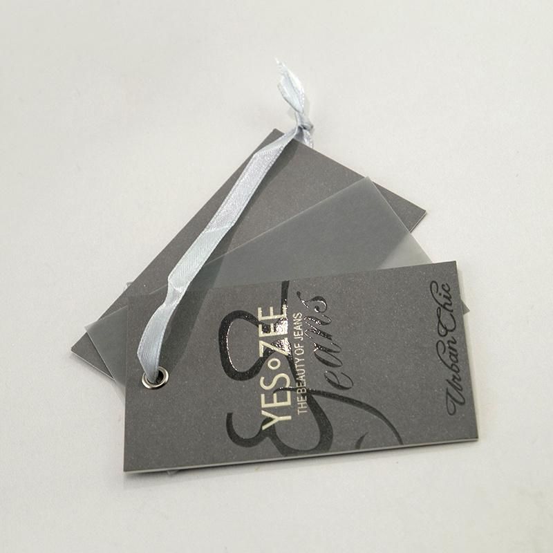 Black Three Layers 1mm 1000grm Thick Paper Hang Tag with Ribbon and Eyelet