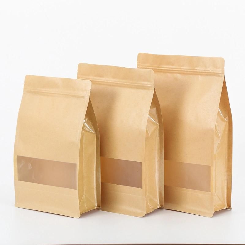 Wholesale Custom Printed Clear Window Compositable Stand up Printed Pouch Brown Kraft Zipper Paper Bag for Snack Packaging