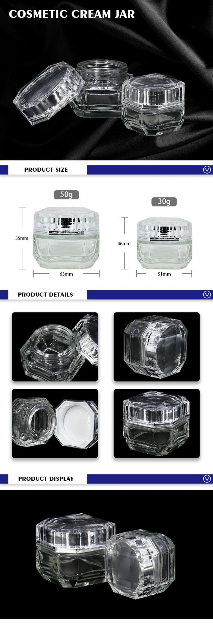 30g 50g Square Glass Jar Empty Glass Coemstic Cream Containers