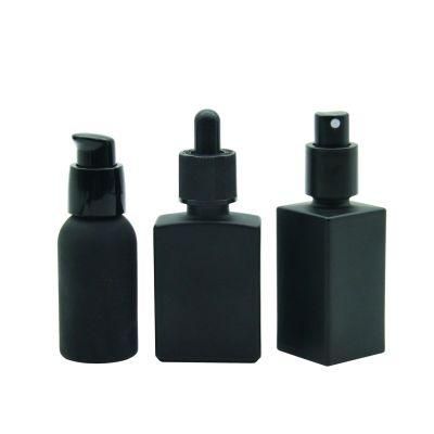 Matte Black Square Blue Frosted Glass Droppers Essential Oil Bottles Room Spray Perfume Serum 30ml Skincare Vials Pumps