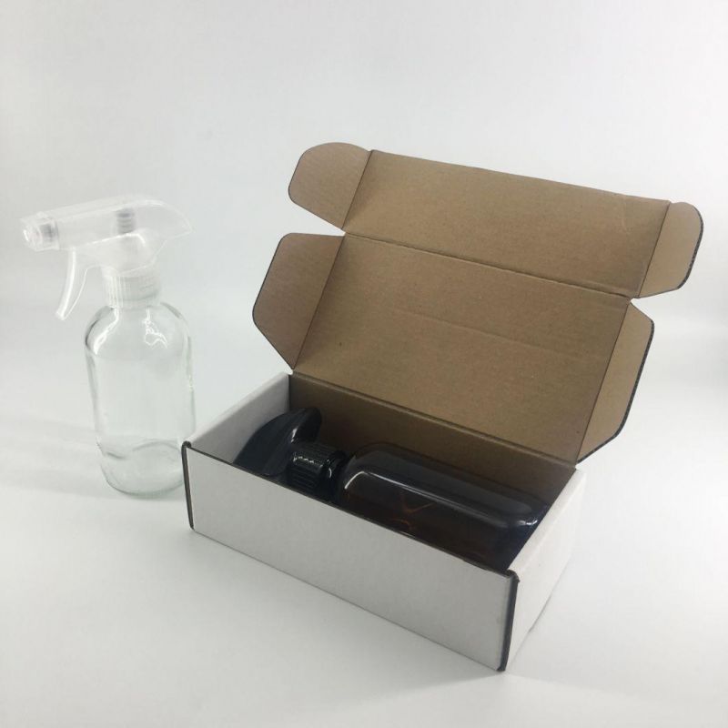 250ml Amber Brown Bpston Round Trigger Spray Glass Bottle for Essential Oils and Cleaning Products with Packing Box