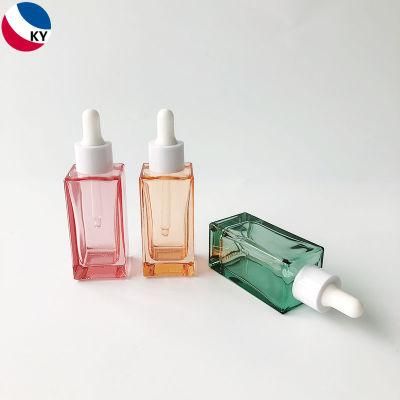 Transparent Pink Color Custom 30ml Square Clear Glass Bottle with White Plastic Dropper