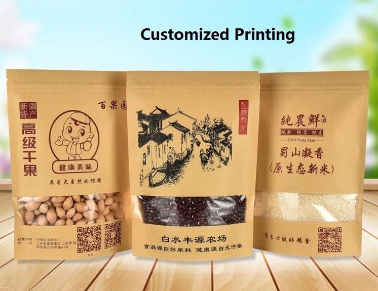 Wholesale Custom Printed Clear Window Compositable Stand up Printed Pouch Brown Kraft Zipper Paper Bag for Snack Packaging