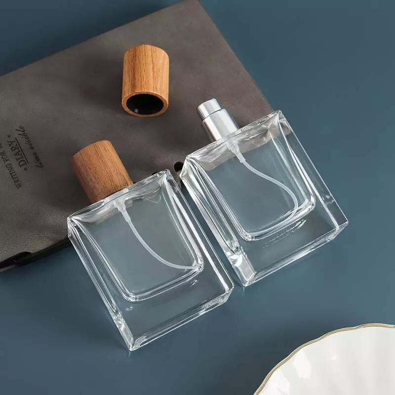 30ml 50ml Rectangle Spray Bottle Crimp Perfume Bottle with Wooden Cap