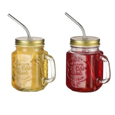 Custom 500ml Empty Wide Mouth Round Mason Jar with Straw and Handle