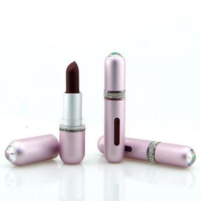 Women Metal Aluminum Fancy Luxury Diamond Pink Lip Balm Container Mini Cosmetic Lipstick Tube