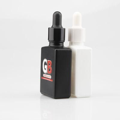 Square White 30ml Empty Essential Serum Flat Shoulder Frosted Black Glass Bottles with Dropper for Hair Beard Oil