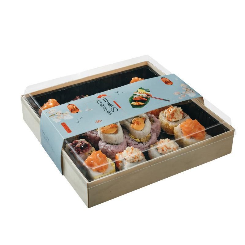Donuts Sushi Pet Food Package Container Eco Sushi Box Blister Plastic Pet Black Bottom Transparent Cover Sushi Food Container Disposable Wood Packaging