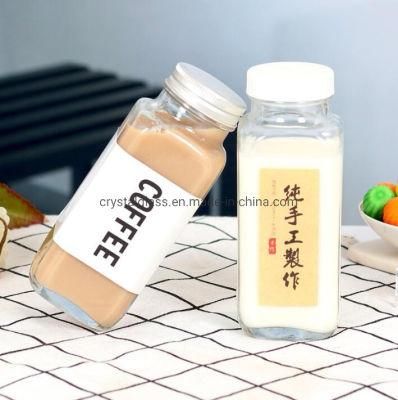 8oz 12oz 16oz Square Juice Beverage/Milk Tea Coffee Glass Bottle with Tin Cover