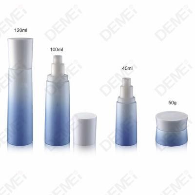 40/100/120ml 50g Cosmetic Skin Care Packaging Gradient Blue White Toner Lotion Glass Bottle and Cream Jar with White Cap