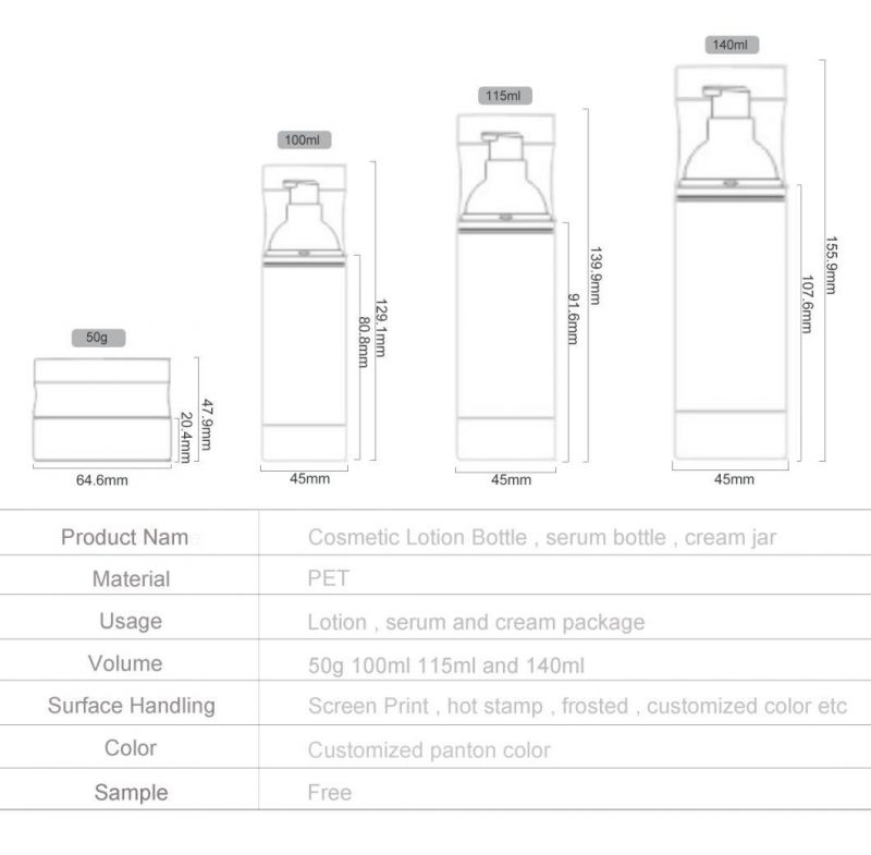 Customized White Pet Plastic Cosmetic Container Set Cream Jar and Lotion Bottle