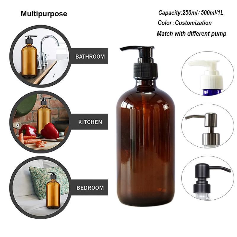 Leak Proof 16oz 500ml Clear Boston Shampoo Hand Wash Liquid Alcohol Pump Glass Dispenser Soap Bottle with Pump
