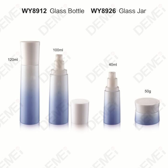 40/100/120ml 50g Cosmetic Skin Care Packaging Gradient Blue White Toner Lotion Glass Bottle and Cream Jar with White Cap