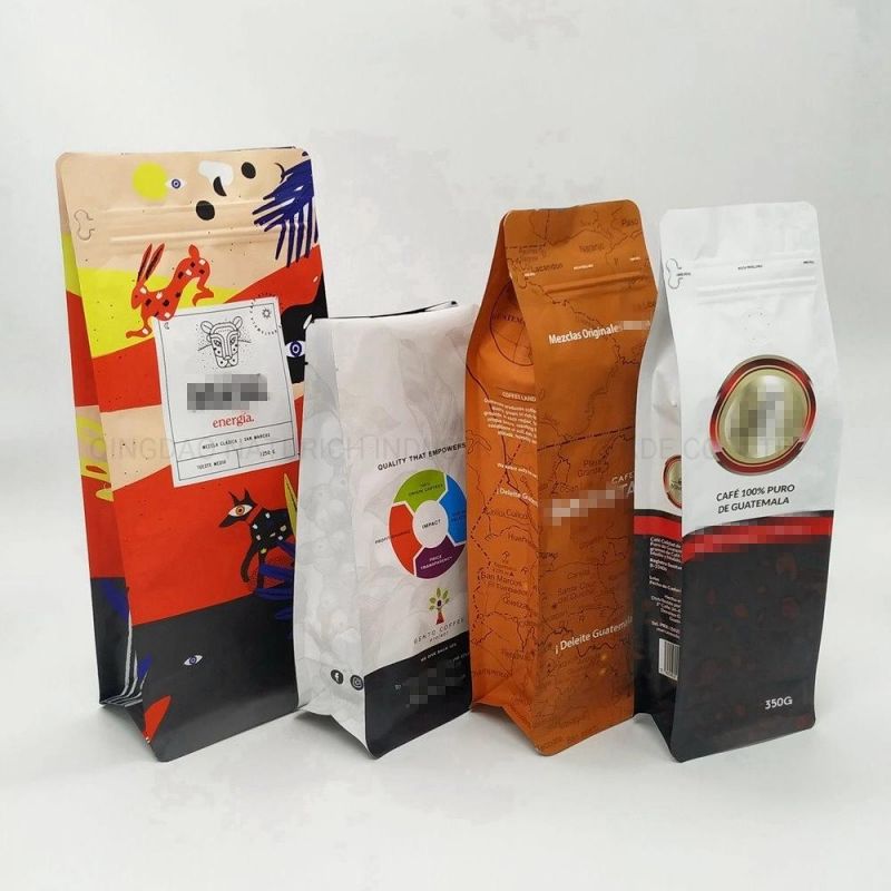 Food Grade Laminated Stand up Zipper Pouch Flat Bottom Packaging Bag with Valve for Coffee Bean