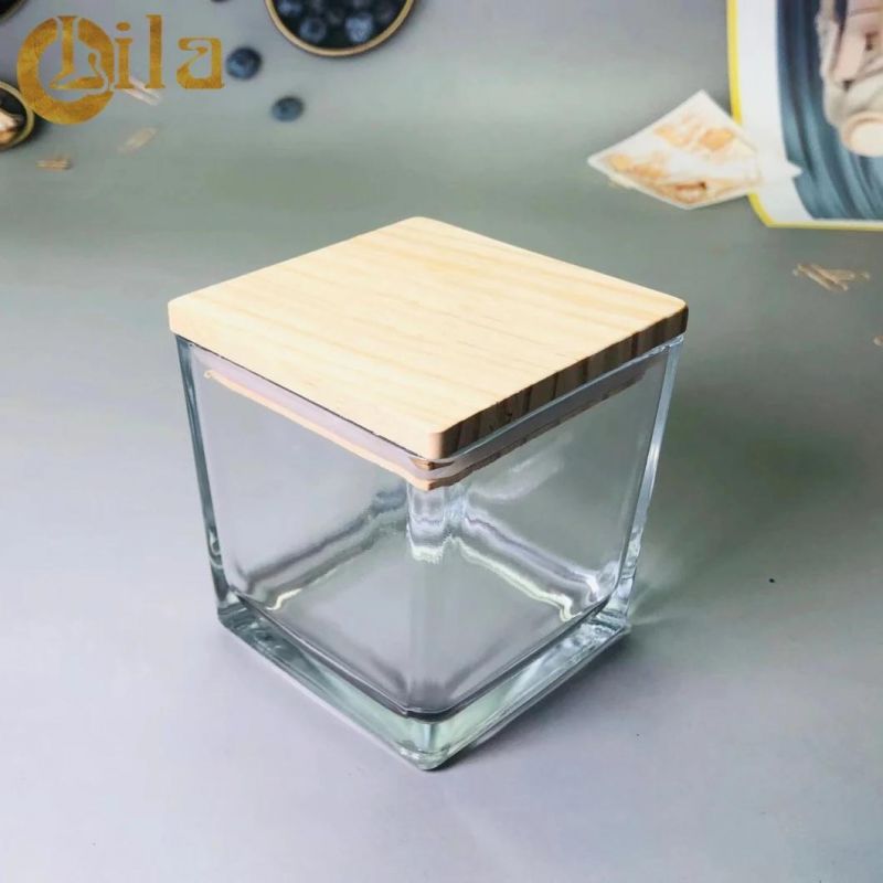 Wholesale High Quality Square Candle Jar Glass Storage Jar with Bamboo Wooden Lid