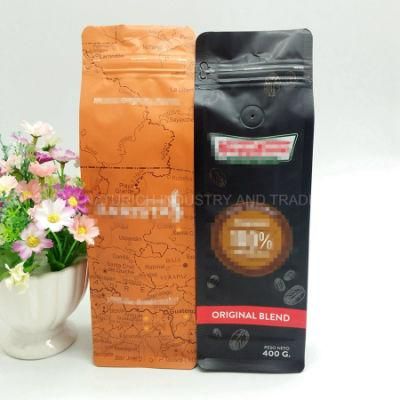 400g Coffee Packing Bag Matte Black Plastic Flat Bottom Coffee Packing Bags with Valve