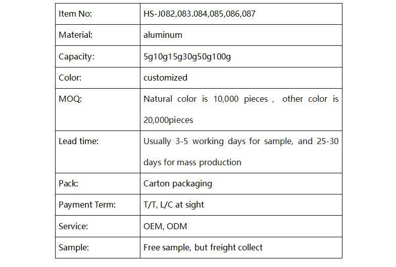 Cosmetic Sample 5g10g15g30g50g100g Aluminum Cream Jar