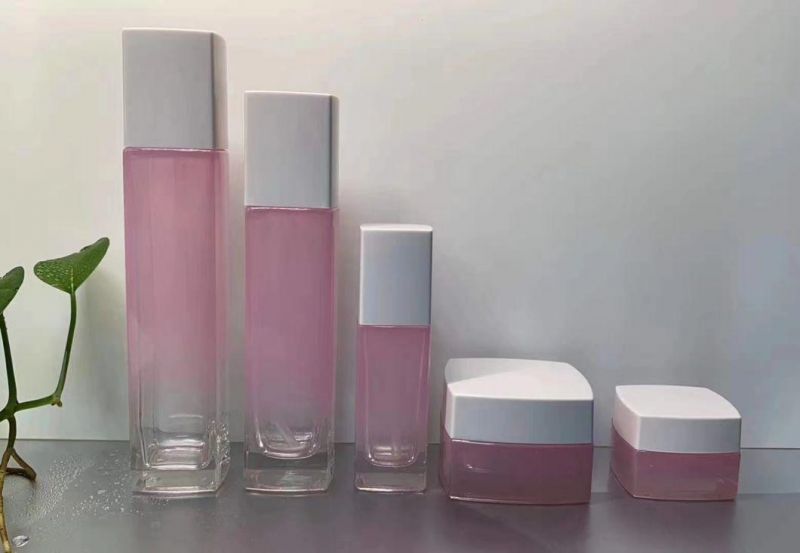 Ds007 Excellent Quality Latest Glass Cosmetic Bottle Set, Pink Glass Cosmetic Bottle and Jar, Cosmetics Cream Glass Bottles and Jars Have Stock