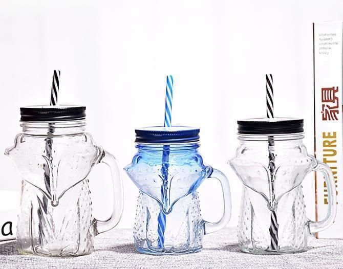 480ml Unique Design Fox Shape Glass Beverage Mugs Mason Jar with Handle and Lid