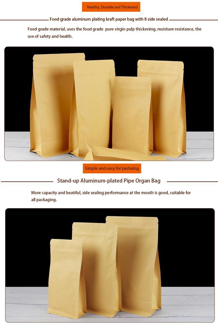 Wholesale Compostable Recyclable Zipper Lock Kraft Paper Aluminum Flat Bottom Coffee Tea Food Bag