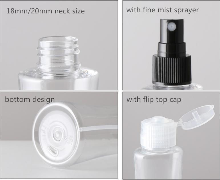 25ml 60ml 120ml Customized Waist Closing Bottle Pet Plastic Bottle with Flip Top Cap or Mist Spray Head