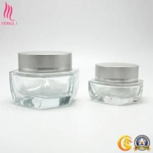 Hexagon Translucent Glass Cream Container with Silver Aluminum Cap