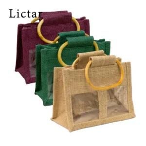 Hollow out Wooden Handle Jute Shopping Tote Bag with Window