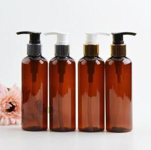200ml Pet Plastic Amber Round Shape Gold and Silver Lotion Pump Press Shampoo Bottle