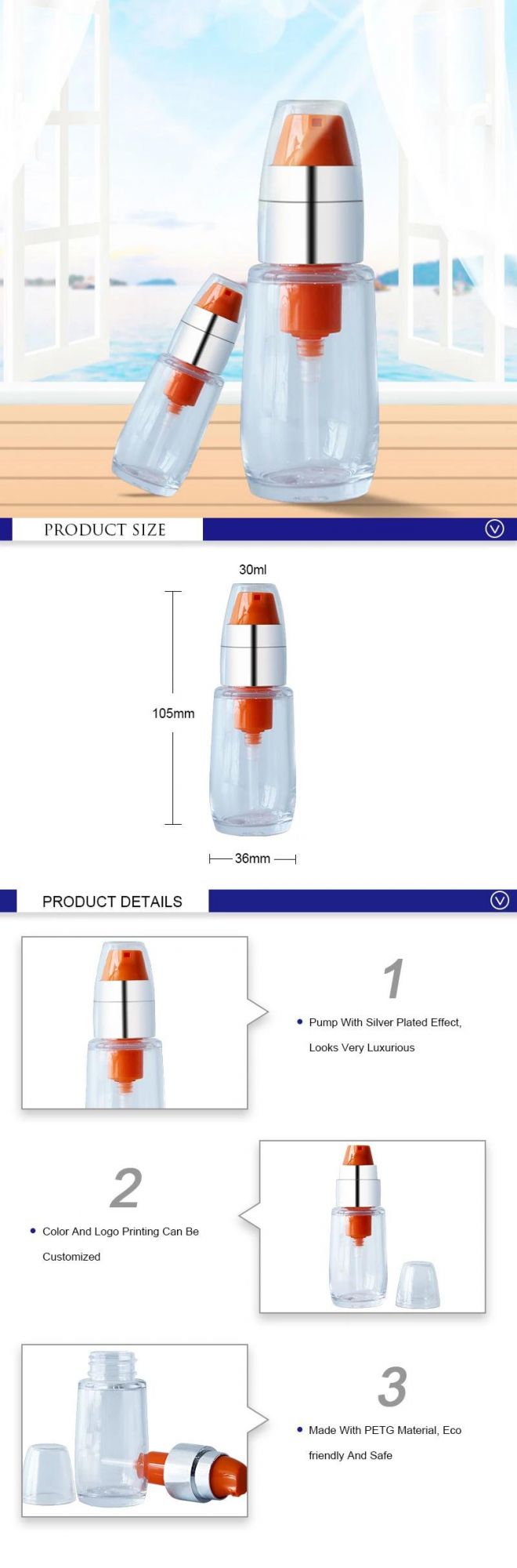 30ml Round Skincare Packaging Transparent PETG Plastic Serum Bottles Lotion Pump Bottle