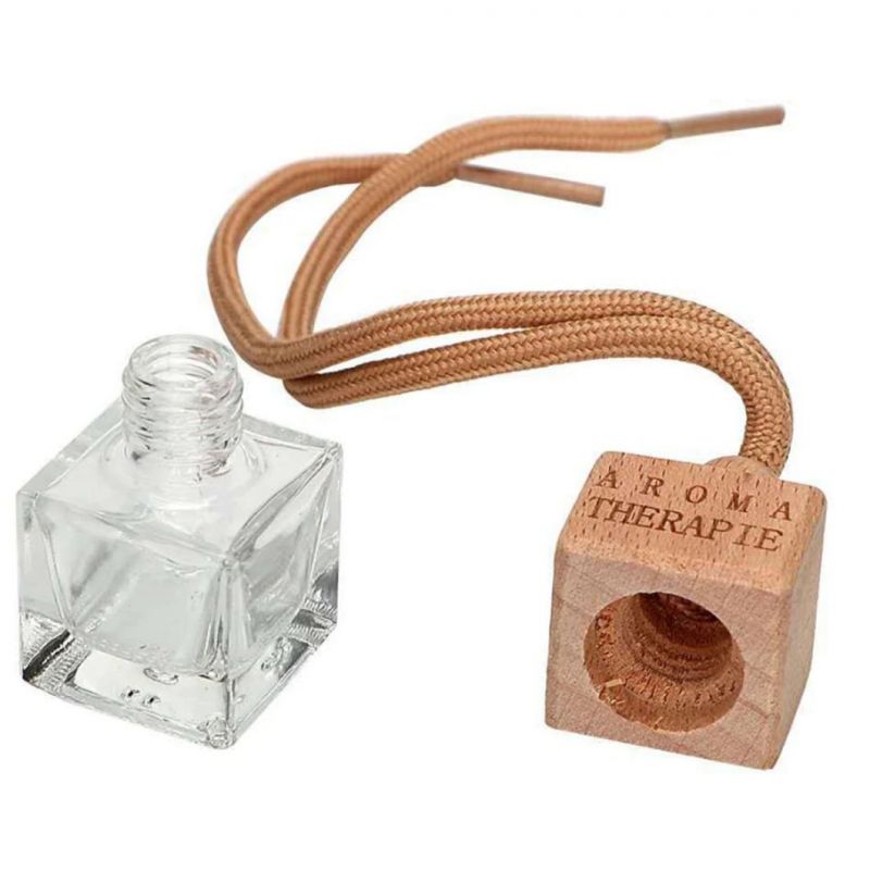 Manufacture Rectangle Square 10ml Car Diffuser Glass Bottle Wooden Cap Car Perfume Bottle