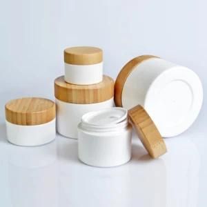 Wholesale 30g 50g 100g 150g 200g 250g PP White Plastic Cream Jar with Bamboo Wooden Lid for Skin Care