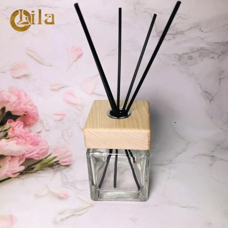 Square Glass Perfume Bottle Essential Oil Diffuser Bottles with Wood Cap
