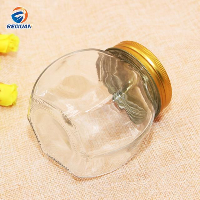 380ml Hexagonal Transparent Glass Honey Jar Glass Bottle with Tinplate Cover