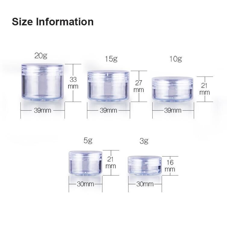 Clear Cosmetic Cream Jar 3G 5g 10g 15g 20g Empty Cans for Eye Shadow Plastic Sample Containers Packaging Refillable Bottle