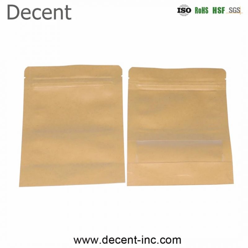 Factory Wholesale Food Packaging Doypack Stand up Pouch Plain Brown Kraft Paper Bag with Clear Window and Zip Lock for Tea Snack