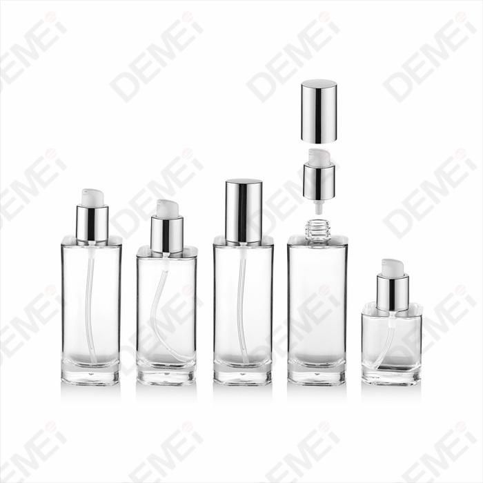 Transparent 30ml 50ml 100ml 120ml Square Glass Lotion Bottle with Silver Pump and Aluminum Lid