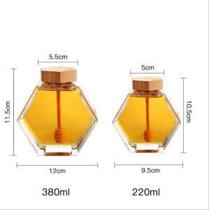 Food Grade Hexagonal Shape Glass Honey Jar 220ml 380ml 300g 500g Glass Storage Jar with Bamboo Wooden Lid Wholesale