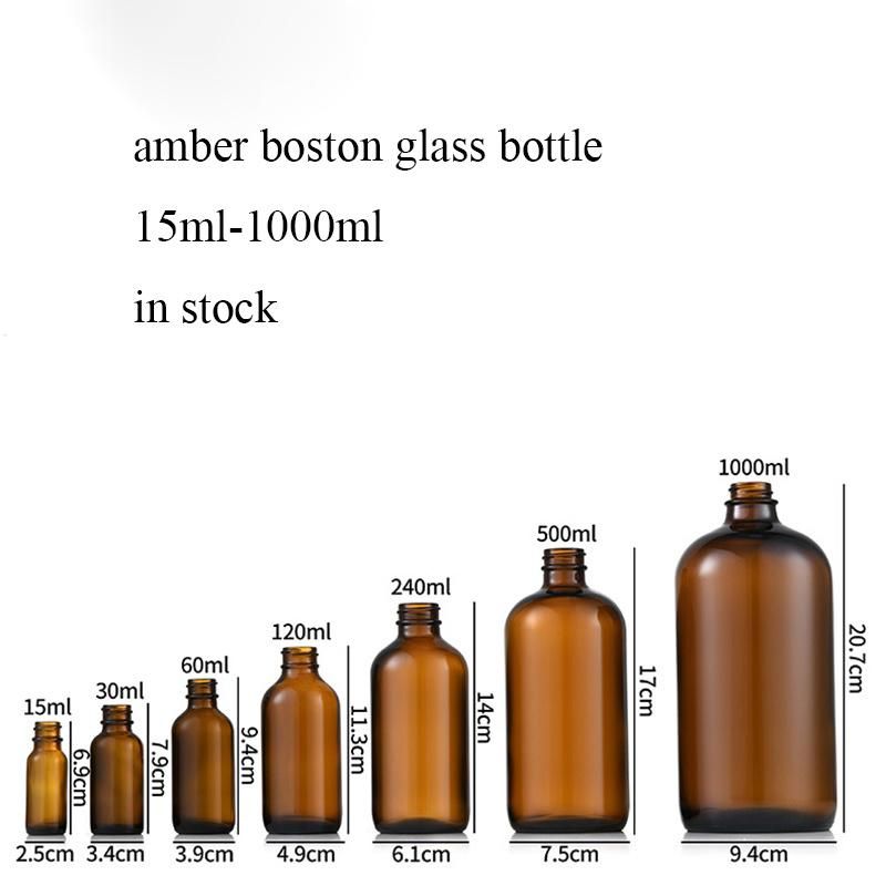 Empty Amber Glass Boston Bottle 8oz 16oz 32oz Stocked with Dropper Cap