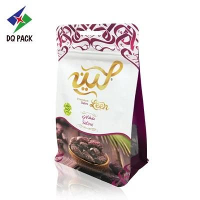 Dq Pack Custom Printed Mylar Bag Reusable Zipper Pouch Quad-Seal Flat Bottom Zipper Bag with Transparent Window for Dried Fruit Packaging