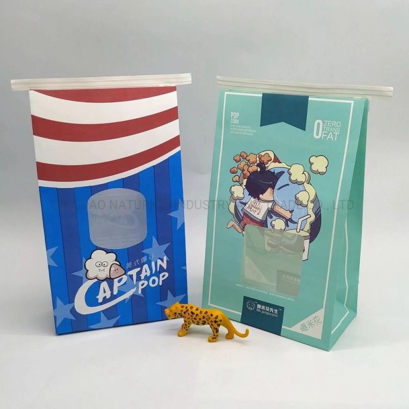 Kraft Paper Popcorn Bag with Clear Window and Tin Tie