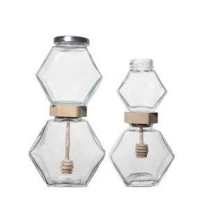 Six-Sided Unique Design Glass Honey Jars for Honey Jam with Bamboo Stir Caps 100ml 180ml 280ml