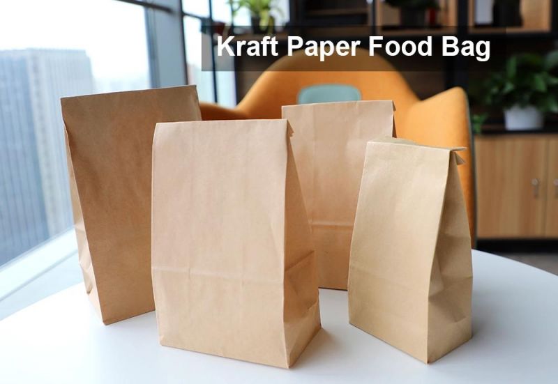 Custom Takeaway Food Packaging Flat Square Bottom Grease Proof Brown Kraft Paper Bags with No Handle