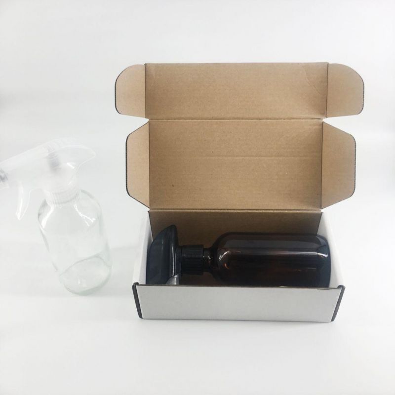 250ml Amber Brown Bpston Round Trigger Spray Glass Bottle for Essential Oils and Cleaning Products with Packing Box
