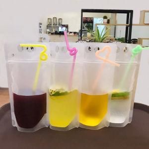 FDA Clear Juice Sealed Drink Pouches Translucent Reclosable Hand Held Zipper Plastic Drinking Bags with Plastic Straw