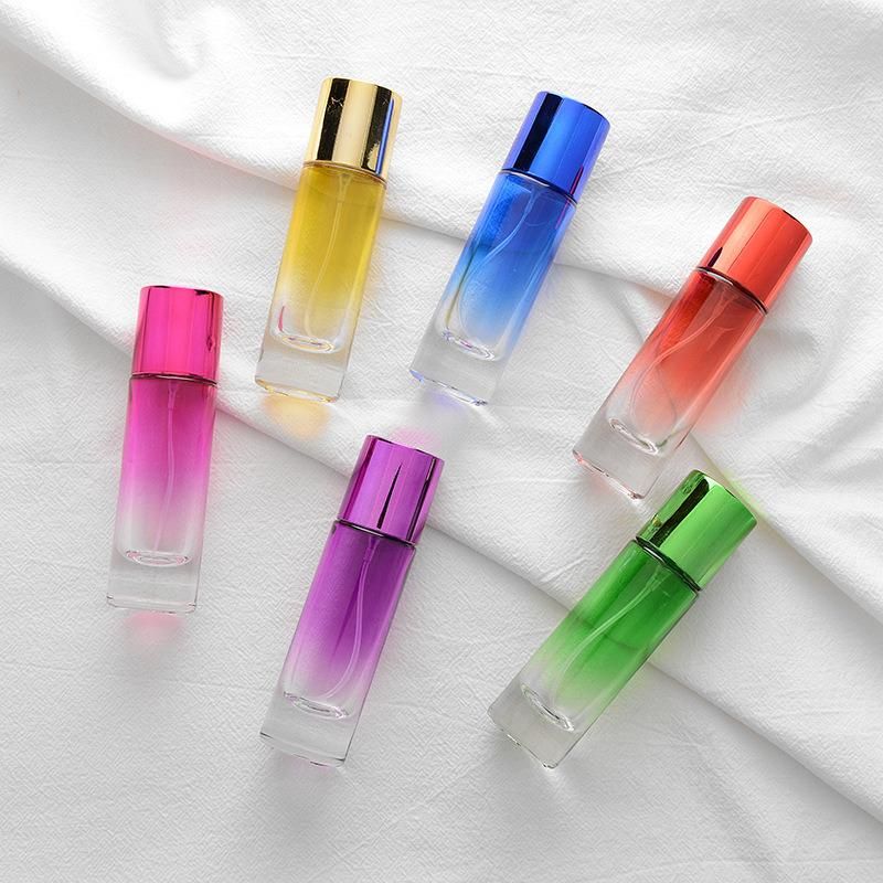 30ml Colorful Square Glass Perfume Bottle Thick Mini Fragrance Cosmetic Packaging Spray Bottle Refillable Glass Vials