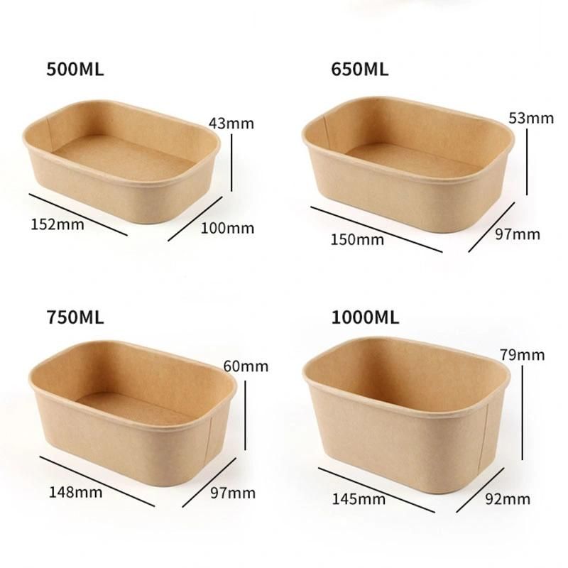 750ml Biodegradable Rectangle Takeaway Bowl White Paper Food Container Square Rectangular Salad Bowls with Lid