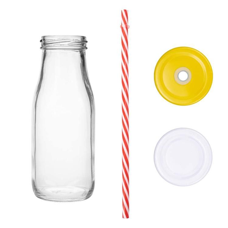 11oz Glass Milk Bottles with Reusable Metal Twist Lids and Straws for Beverage Glassware